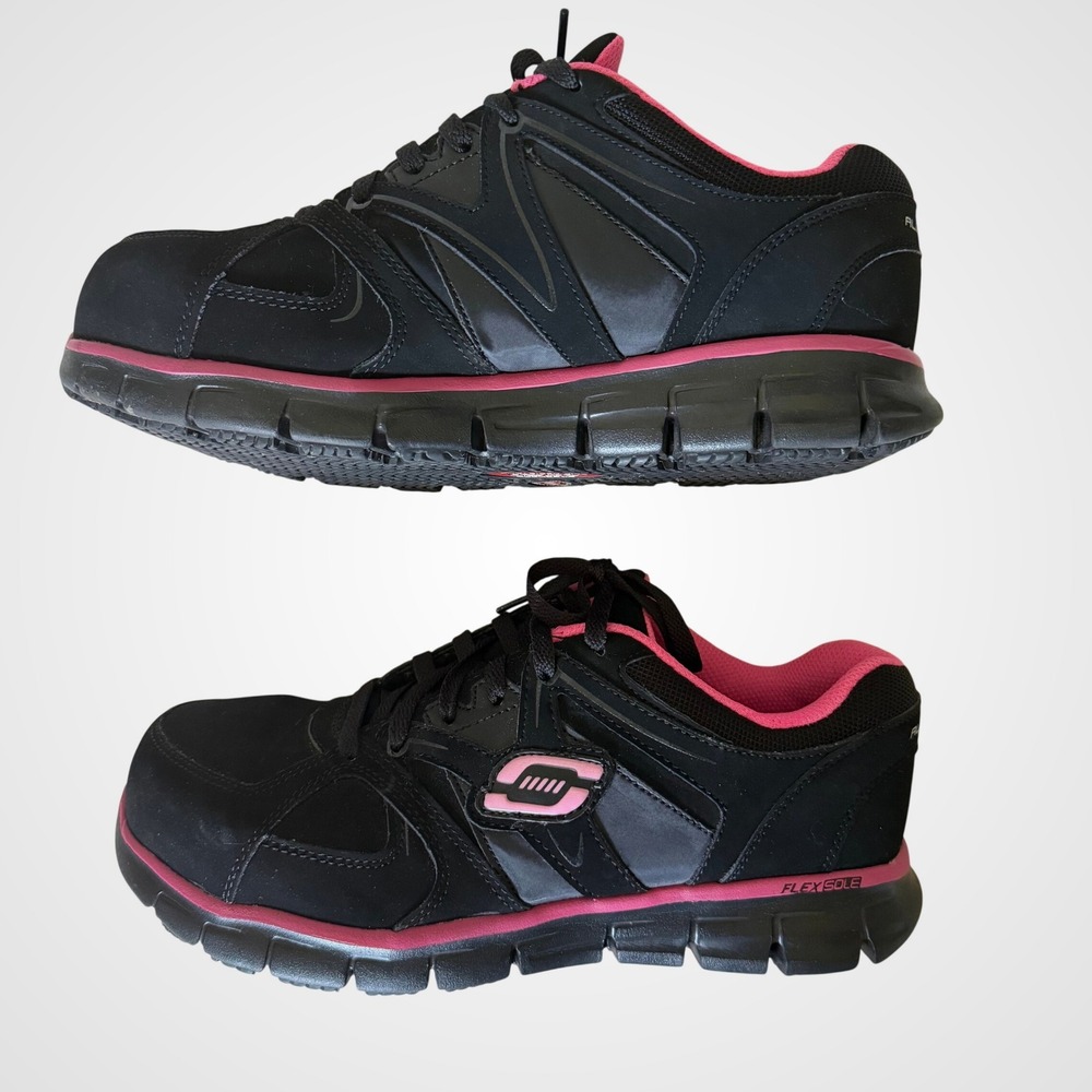 Skechers‎ Work Flex Sole Alloy Toe Slip Resistant Sneaker Shoes Black 9EW NEW